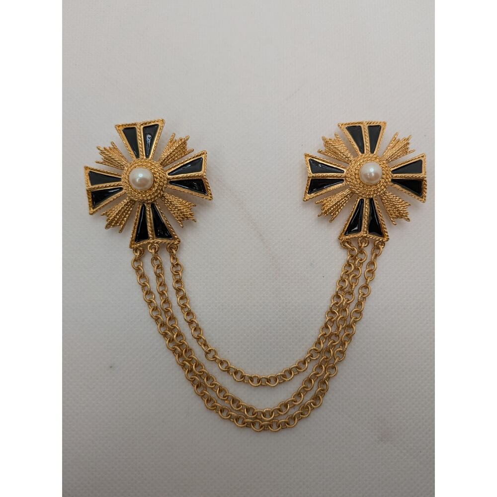 Vintage Monet Art Deco Maltese Cross Double Collar Brooch Black Gold Signed